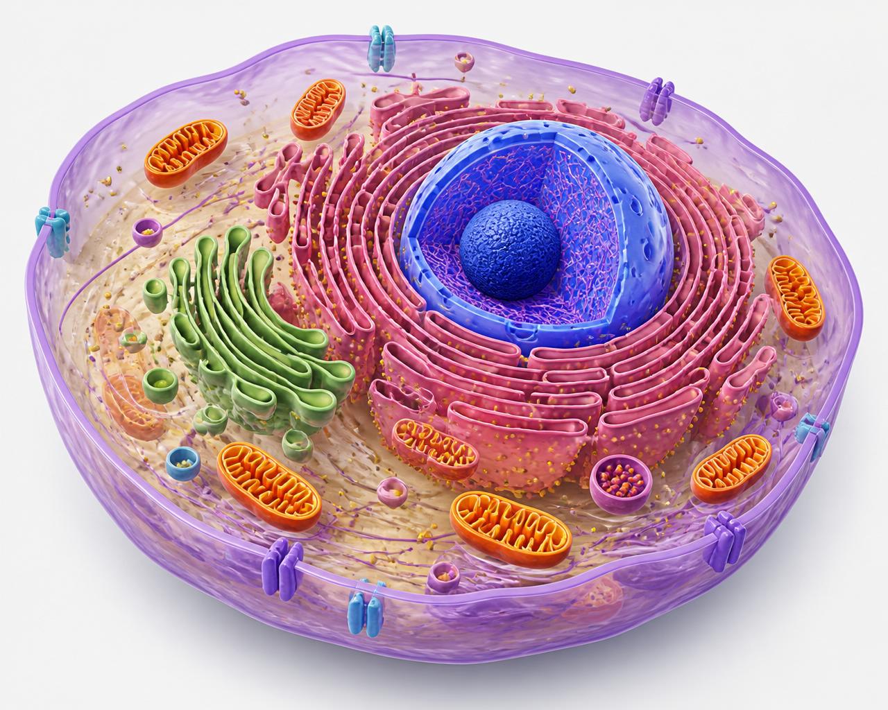 3D animal cell cutaway with visible organelles